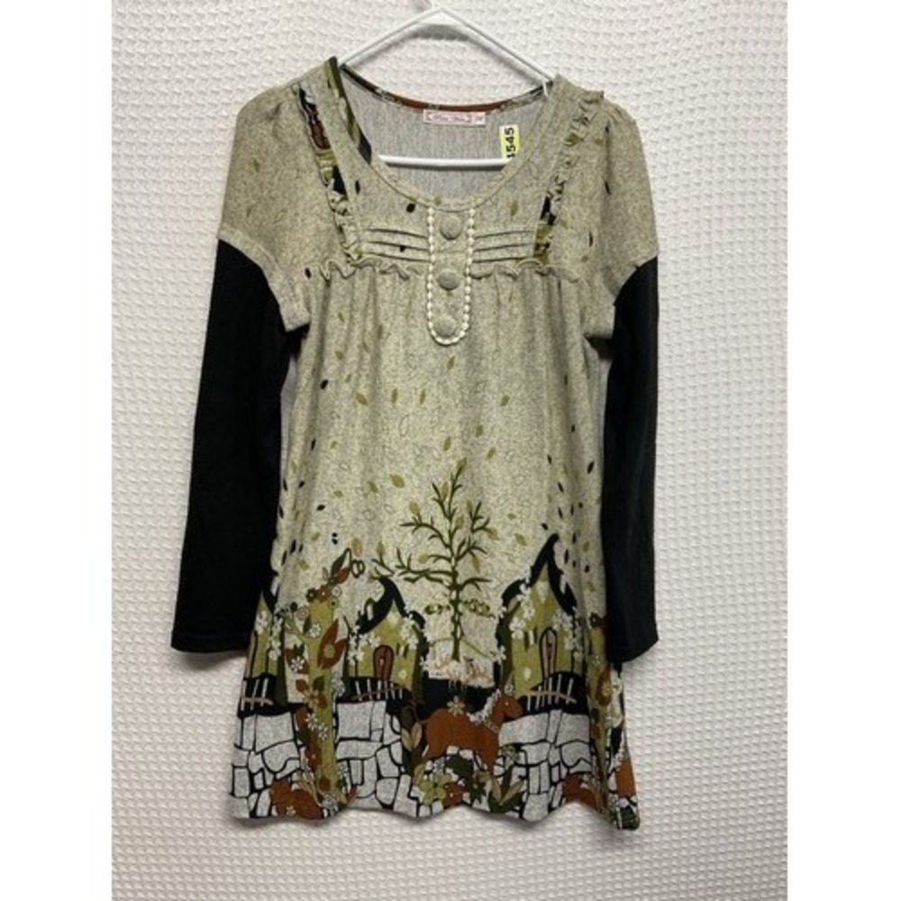 Pura Vida Green Gray Vintage Fairy Tale Long Slv. Midi Tunic Dress Women M China